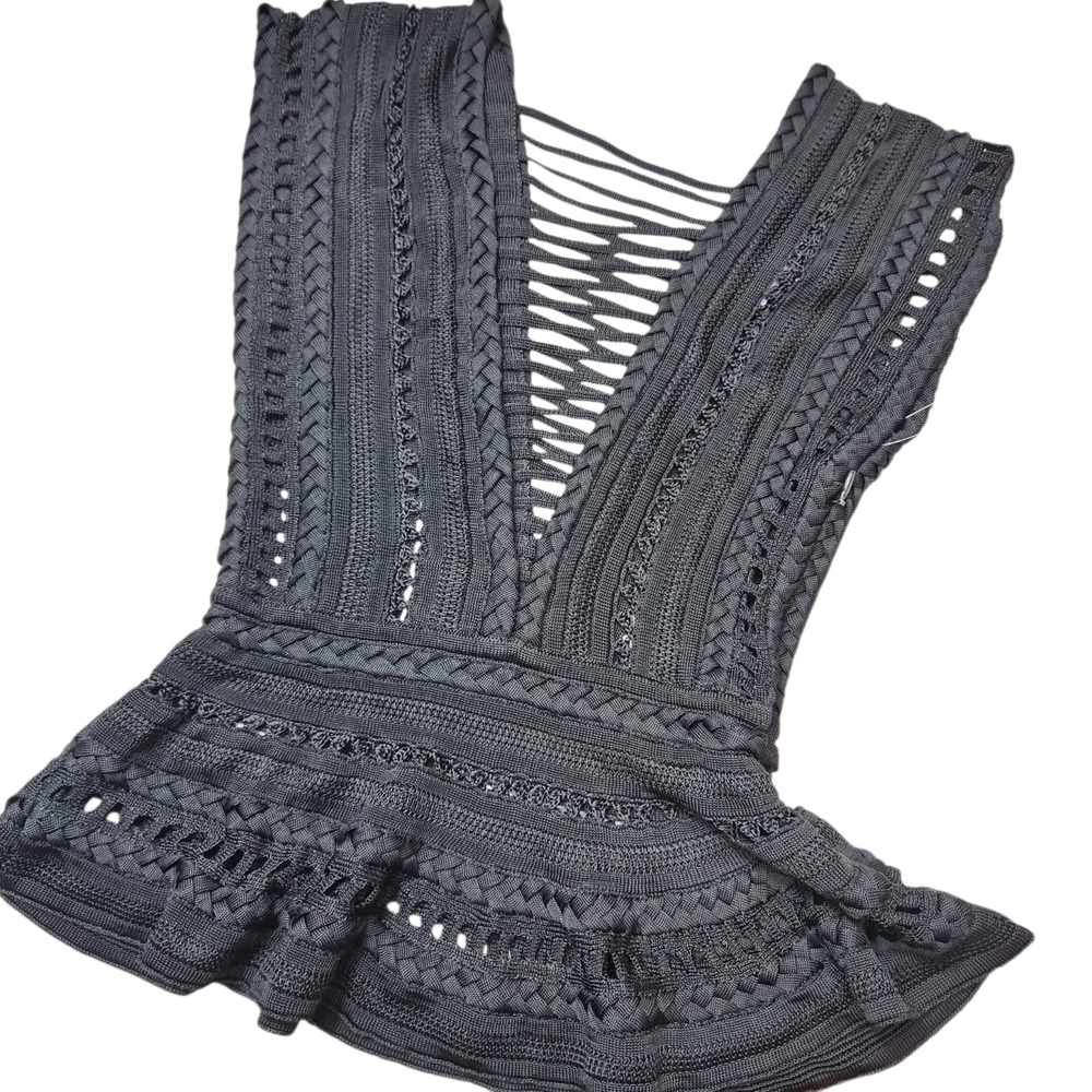 HERVE LEGER Size Small Black Textured Crocheted Top Knit Lattice Weave Max Azari